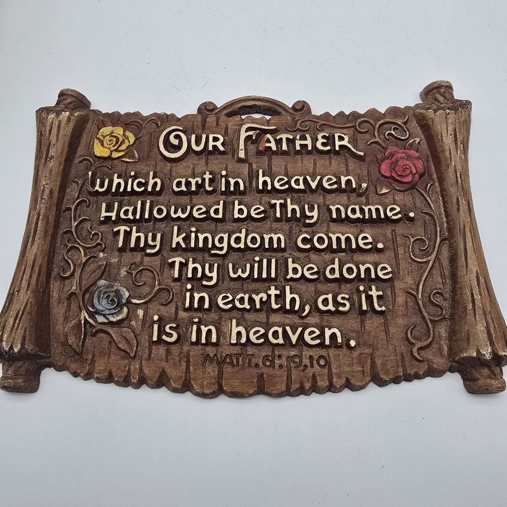 VTG Prayer Plaque The Lord's Prayer Plastic Carved Wood Wall Decor Sign 70s